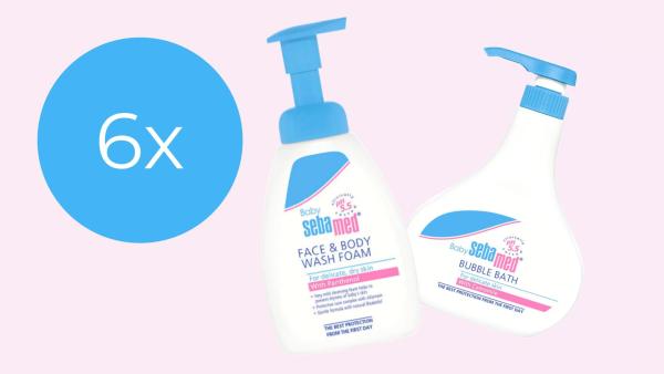 Růžový banner se sebamed Baby produkty pro koupel a nápisem 6x