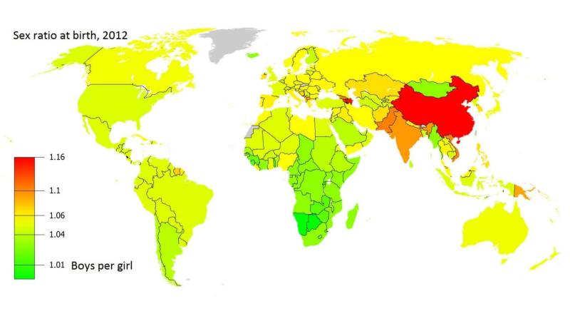 Zajímavá grafika: mapa zobrazující poměr počtu narozených chlapců ku počtu narozených dívek v roce 2012.