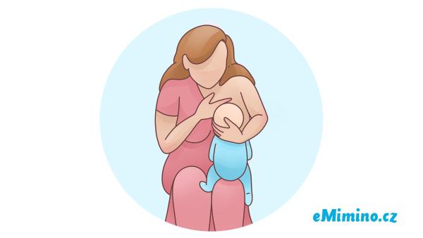 Polohy při kojení: 6. kojící poloha, koala, matka sedí, dítě sedí na jejím koleni čelem k matce.