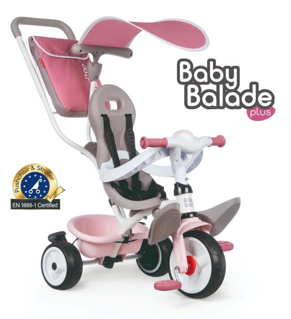 Růžová verze tříkolky Baby Balade Plus. Alt: Tříkolka Smoby v růžovém provedení.
