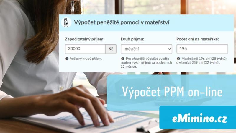 Kalkulačka výpočtu peněžité pomoci v mateřství na emimino.cz. V pozadí sedí žena a vypočítává PPM.