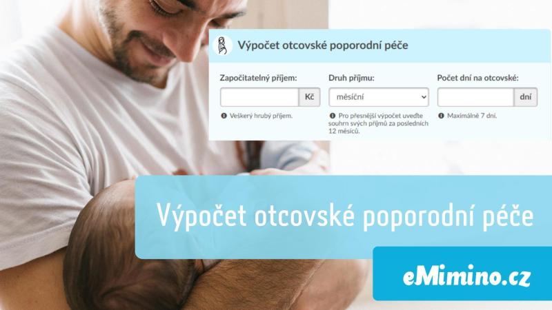 Kalkulačka výpočtu otcovské poporodní péče na emimino.cz. V pozadí drží muž své novorozené miminko v náručí.