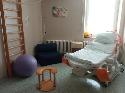 Porodnice Boskovice s. r. o., Gynekologické oddělení: Porodní místnost se cvičebním míčem a žebřinou.