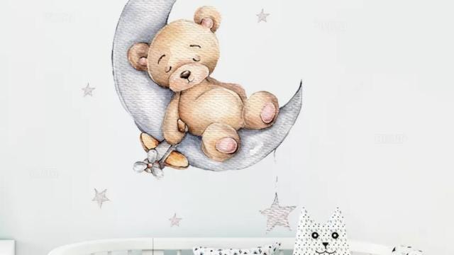 Samolepka na zeď - spící medvídek na měsíci