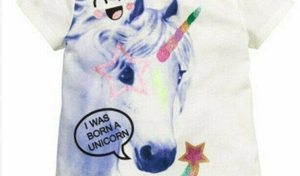 Bílé tričko, třpytivý jednorožec / unicorn, 2-4y