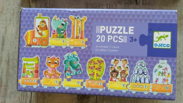 Dětské puzzle Djeco - vláček se zvířátky (čísla) - 20pcs